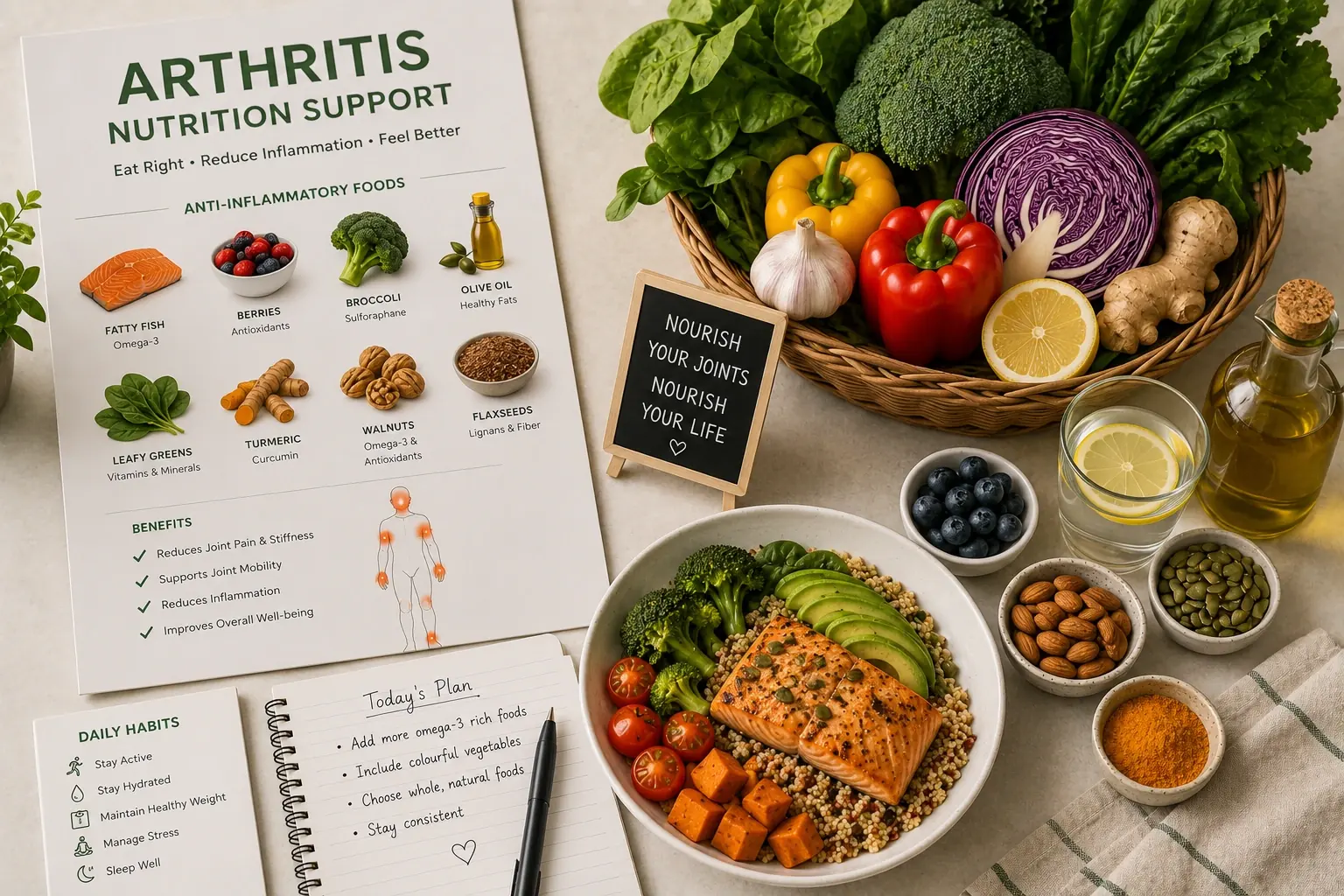 Anti-inflammatory foods — salmon, leafy greens, turmeric, walnuts, berries and olive oil — beside an arthritis nutrition guide