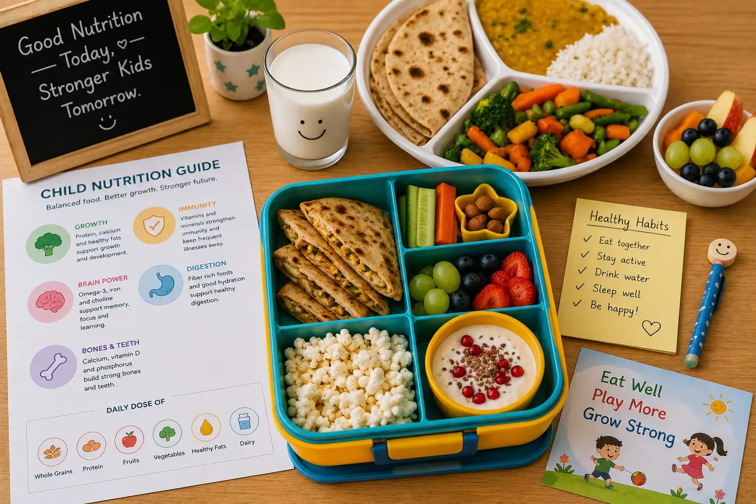 A packed school lunchbox of stuffed parathas, fruit, vegetables and curd beside a child nutrition guide and a family meal