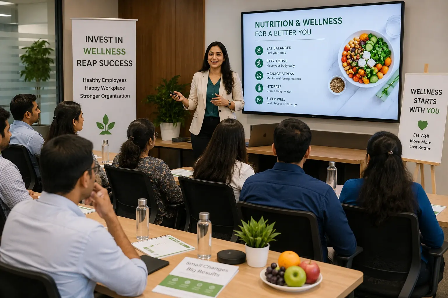A nutritionist delivering a workplace nutrition and wellness session to employees in an office meeting room
