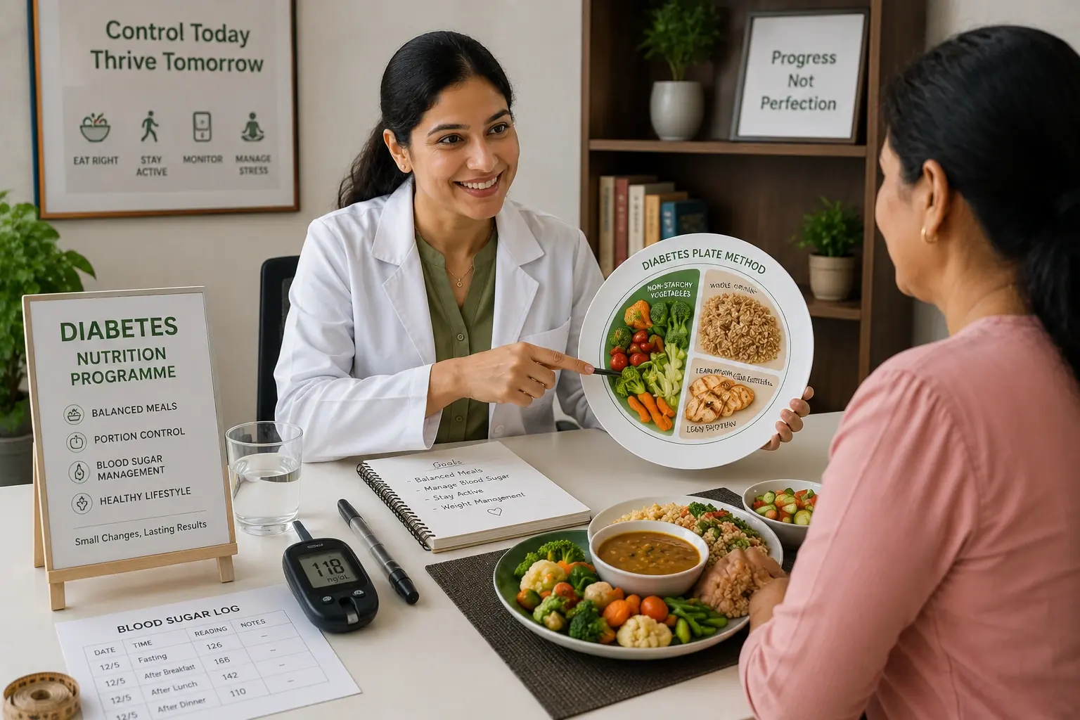 A nutritionist showing a client the diabetes plate method, with a glucometer, a blood sugar log and a portioned Indian meal on the desk