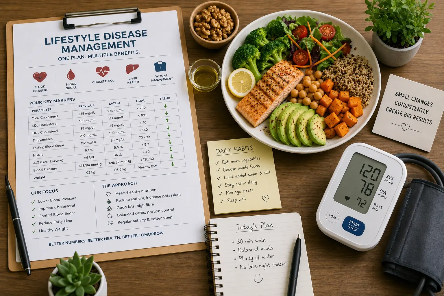 A tracking sheet of cholesterol, blood sugar and blood pressure readings beside a heart-healthy meal and a blood pressure monitor