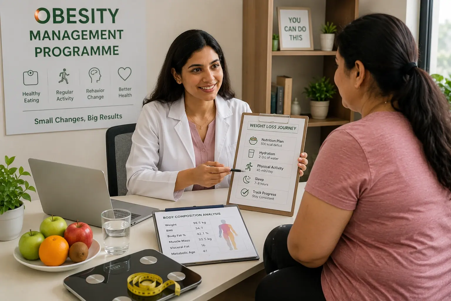 A nutritionist talking a client through a weight-management plan and a body-composition report, with scales and a measuring tape on the desk