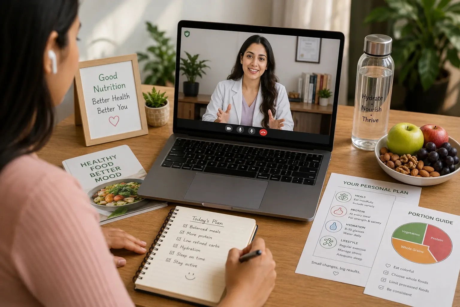 A client taking notes during a video consultation with her nutritionist, with a personal plan and a portion guide on the desk