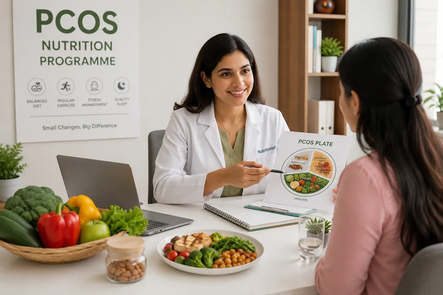 A nutritionist explaining a PCOS plate — protein, whole grains and vegetables — to a client across a consulting-room desk