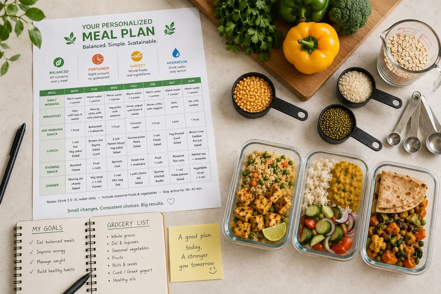 A seven-day Indian meal plan chart beside measuring cups, prepped meal boxes of dal, rice and sabzi, and a grocery list