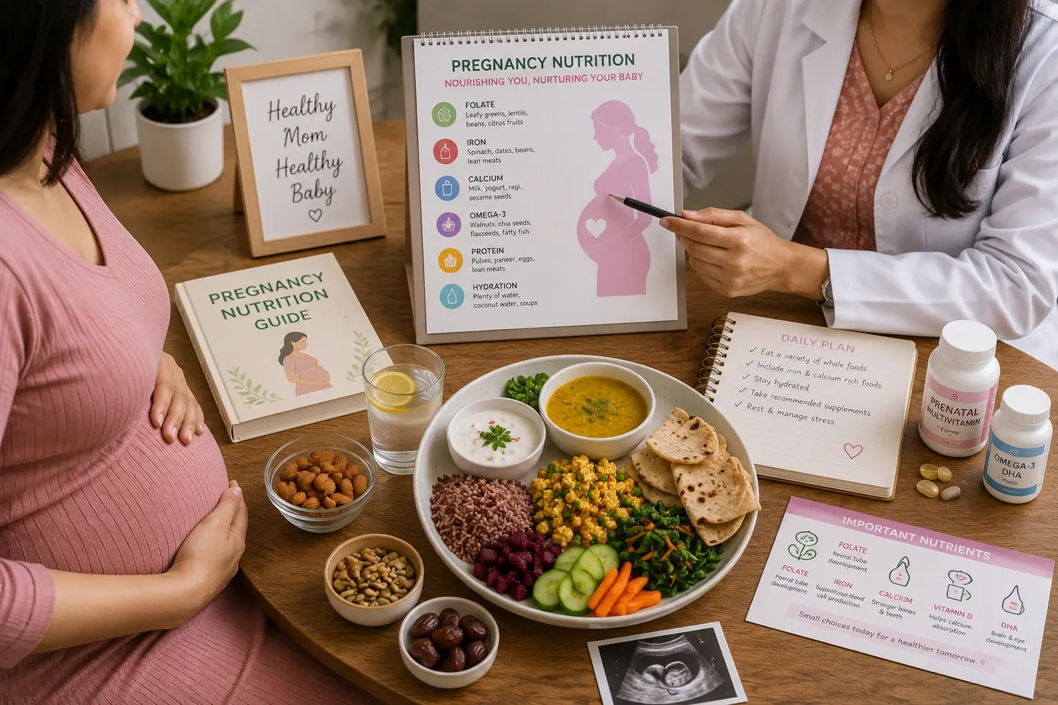 A nutritionist taking a pregnant client through a pregnancy nutrition chart, with an iron- and calcium-rich Indian meal on the table