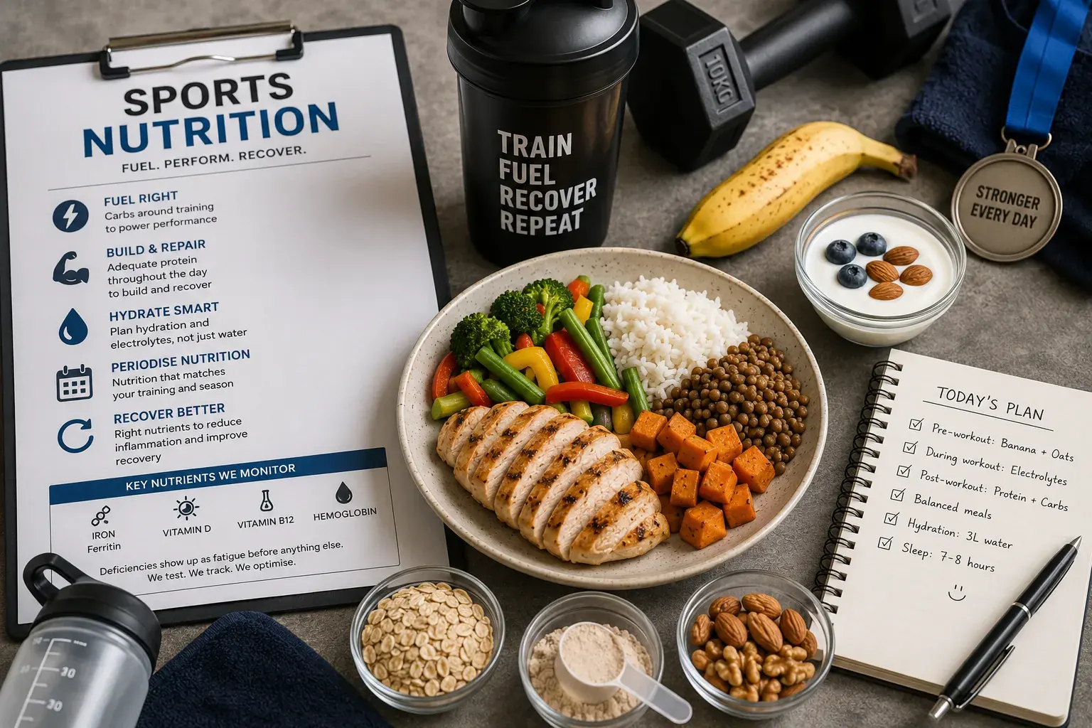 A training-day meal of chicken, rice, lentils and vegetables beside a shaker, a dumbbell, oats and a sports nutrition plan
