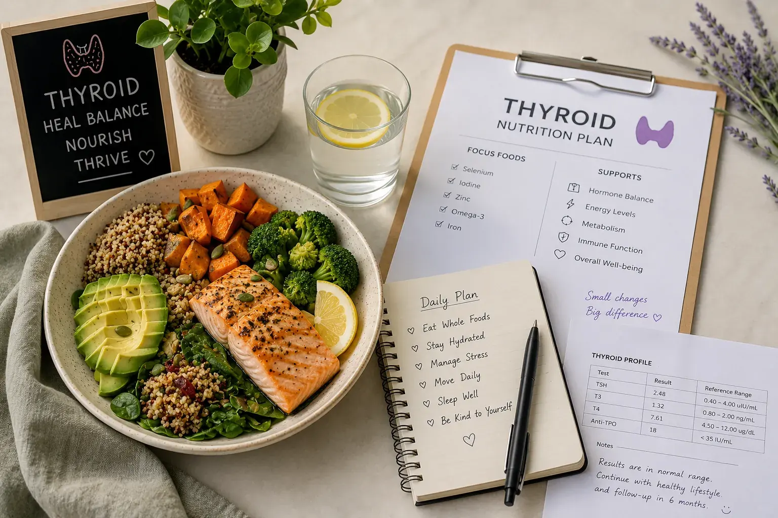 A thyroid nutrition plan and a thyroid profile report laid beside a bowl of salmon, quinoa, avocado and greens