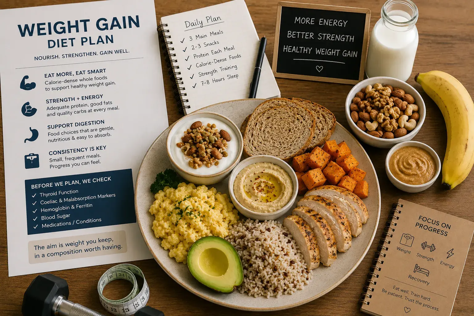 Calorie-dense whole foods — eggs, curd, nuts, avocado, rice, chicken, hummus and milk — beside a weight-gain diet plan