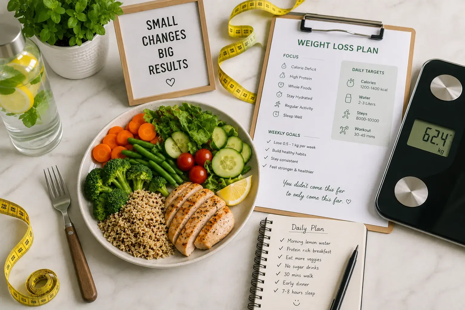 A portioned plate of grilled chicken, grains and salad beside a weight-loss plan, a measuring tape and weighing scales